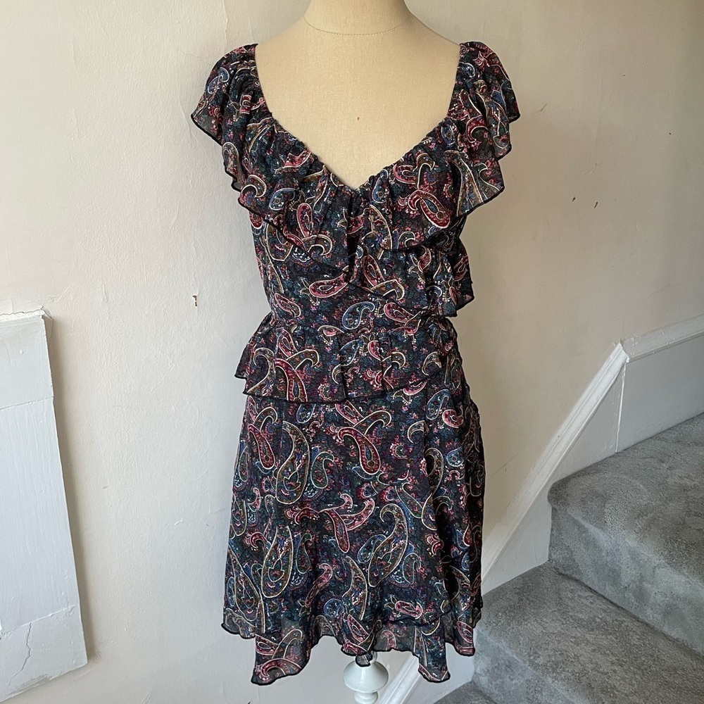 Senlis Multicolor Paisley Printed Aria Ruffle V-Neck Sleeveless Dress EUC Sz XS
